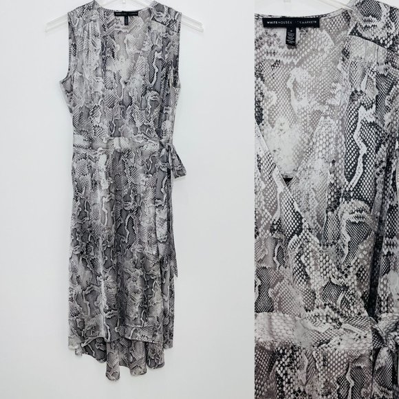 White House Black Market Women's Dress 4 Wrap Midi Snake Gray Sleeveless Hi Low - Picture 2 of 15